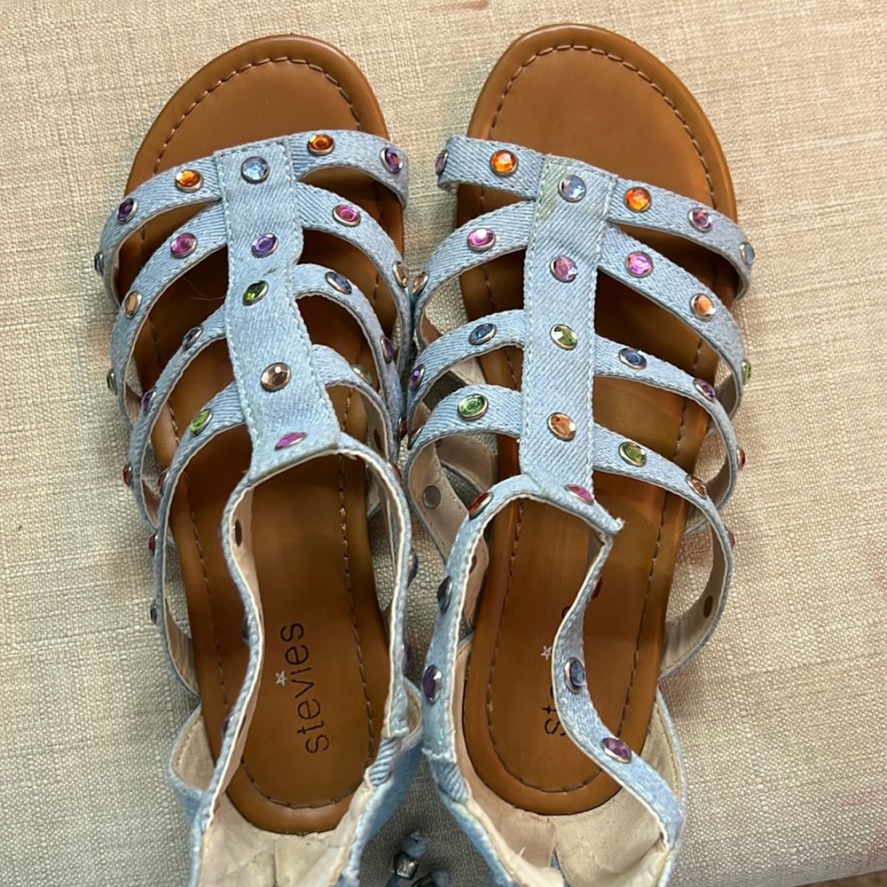 Stevie Girls’ My Squad Embellished Denim Gem Sandals Blue Kids 3